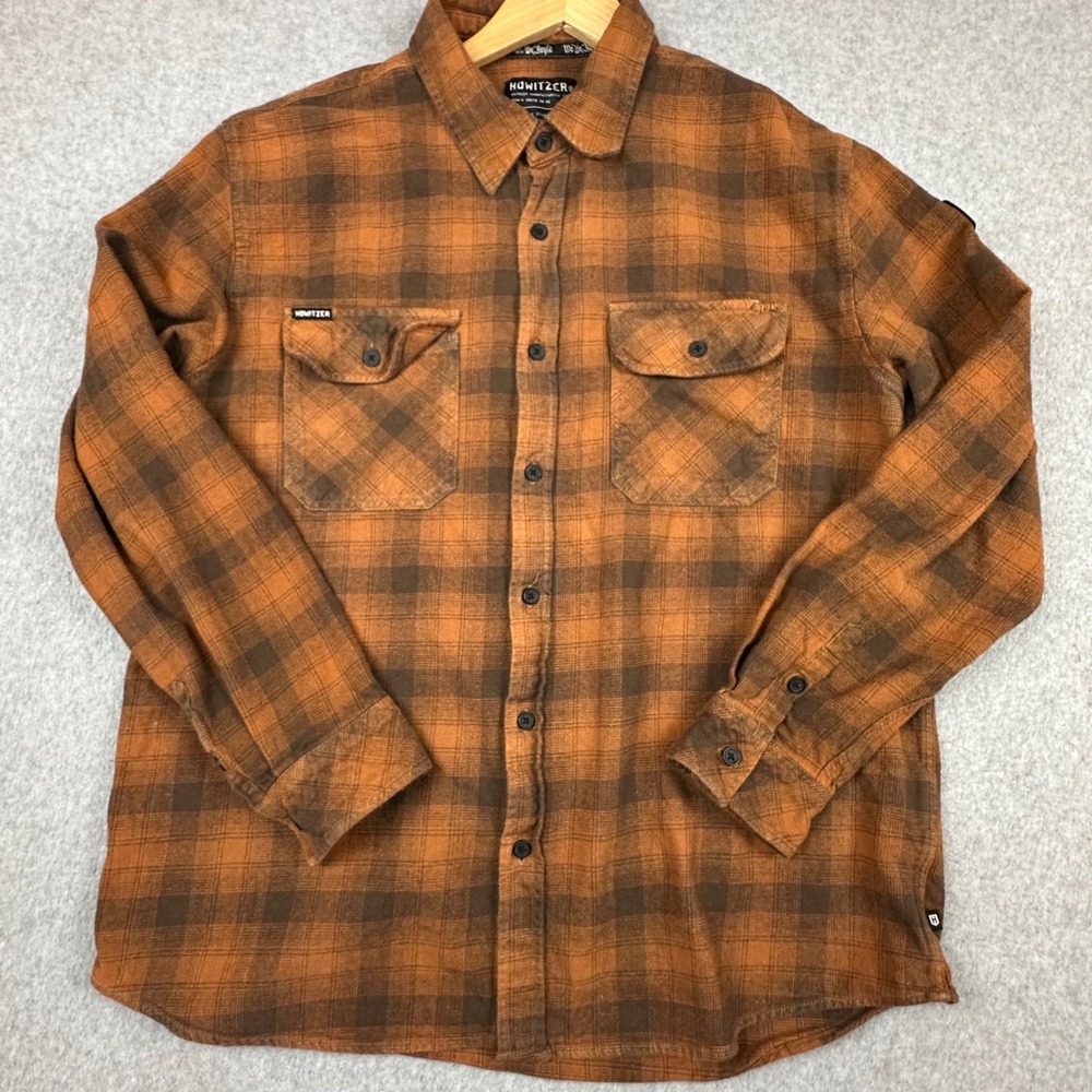 Howitzer Patriot Mfg Co Mens XL Orange Brown Plaid Flannel Button Up Shirt - Picture 2 of 9